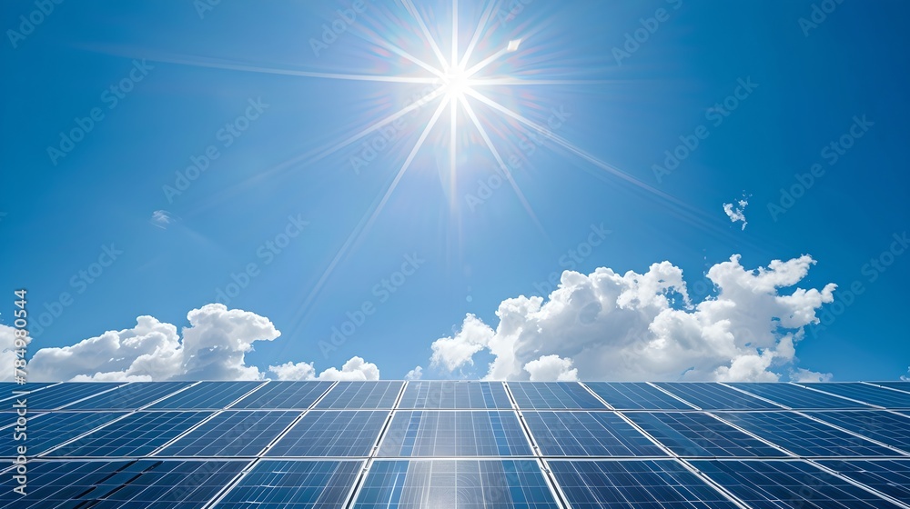 Sustainable energy concept with photovoltaic cells under bright sun. Modern solar panels on a clear day. Renewable energy production for green solutions. Ecologically friendly power generation. AI