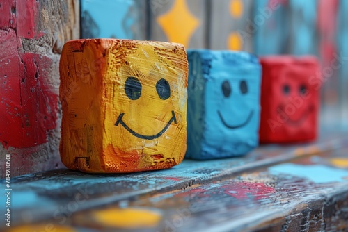 Textured blocks with smiley face paintings