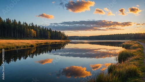 sunset-at-coast-of-the-lake--Nature-landscape--Nature-in-northern-Europe--reflection--blue-sky-and-yellow-sunlight--landscape