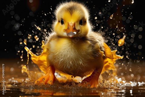 A yellow duckling in rain boots, splashing through a puddle on a yellow background.