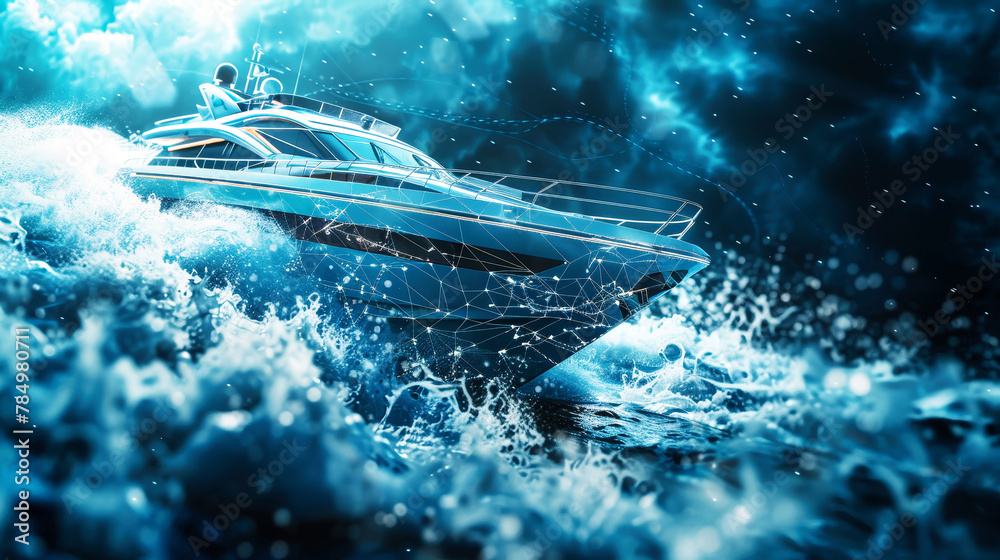A grand sea yacht sails gracefully through the vast, open ocean waters under a clear blue sky A grand sea yacht sails gracefully through the vast, open ocean waters under a clear blue sky