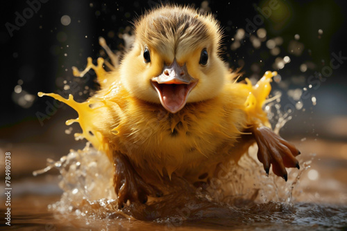 A yellow duckling in rain boots, splashing through a puddle on a yellow background.