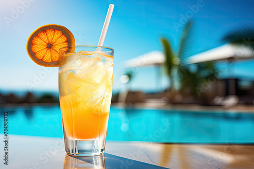  Refreshing Orange Cocktail with a Slice of Orange by a Sunny Poolside