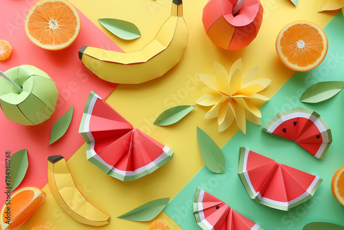 A colorful paper craft arrangement features a variety of fruits on a bright blue background. The scene includes three-dimensional paper art in vibrant colors: a yellow lemon, an orange slice