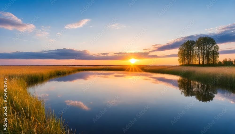 sunset-at-coast-of-the-lake--Nature-landscape--Nature-in-northern-Europe--reflection--blue-sky-and-yellow-sunlight--landscape-during-sunset
