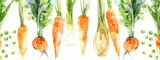 The watercolor illustration presents a variety of vegetables in vibrant, lifelike colors. From left to right: a pair of green leeks with long, layered leaves and white roots, next to slender, orange 