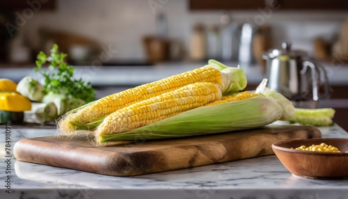 A selection of fresh vegetable: sweet corn, sitting on a chopping board against blurred kitchen background; copy space
