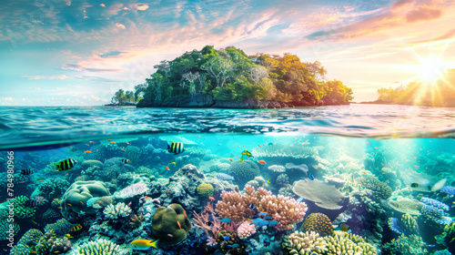 Coral reef in foreground with small tropical island visible in the distance, showcasing underwater ecosystem and marine life © Anoo