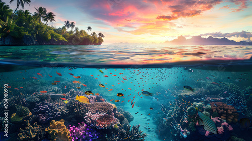 A tropical coral reef is visible underwater with the sun setting in the background © Anoo
