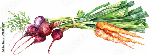 The watercolor illustration presents a variety of vegetables in vibrant, lifelike colors. From left to right: a pair of green leeks with long, layered leaves and white roots, next to slender, orange 