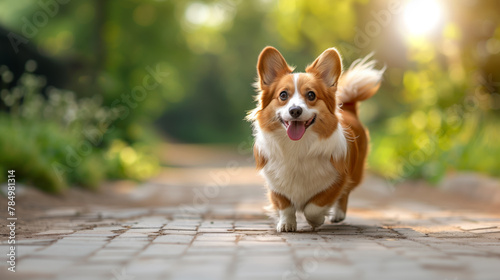 A happy dog running on a stone pathway with greenery in the background  capturing a moment of joy. Generative AI