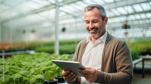 male farmer stands and holds tablet in her hands against background of field