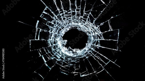 Close-up of shattered glass with a hole in the center on a dark background. Conceptual imagery of breakage and vulnerability. Ideal for thriller or mystery themes. AI