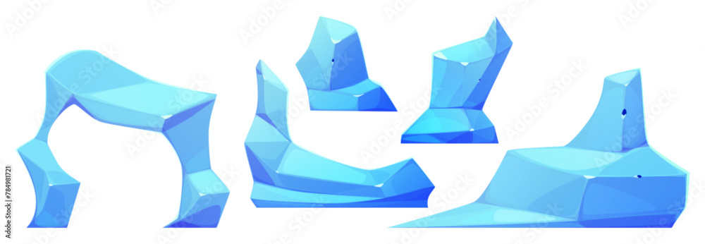 Ice floe pieces and framed mountain cliff. Cartoon vector illustration set of frozen water chunk for arctic landscape. Blue glacier cube floating in sea or ocean. North freeze snow glass rock. - obrazy, fototapety, plakaty 