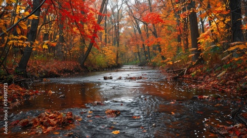 Autumn Leaves  A photo of a gentle stream surrounded by trees with leaves in various shades of red and yellow