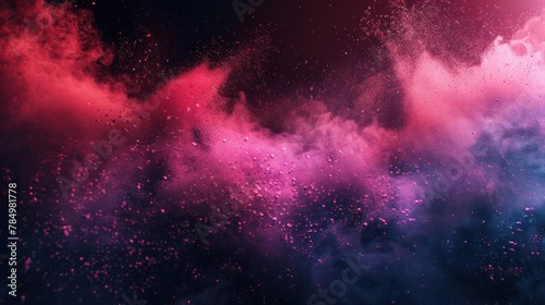 A cloud of pink and blue smoke rises against a black background