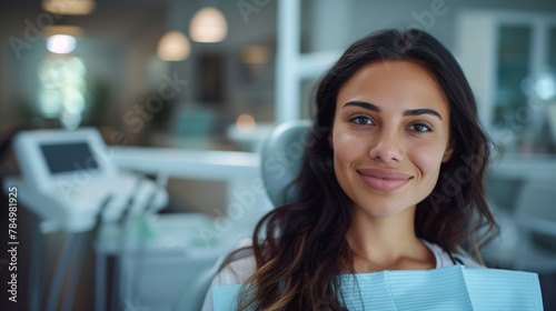 A smiling female patient in a dentist's office, real-life photo, blurred background featuring dental equipment, symbolizing dental health care. Generative AI