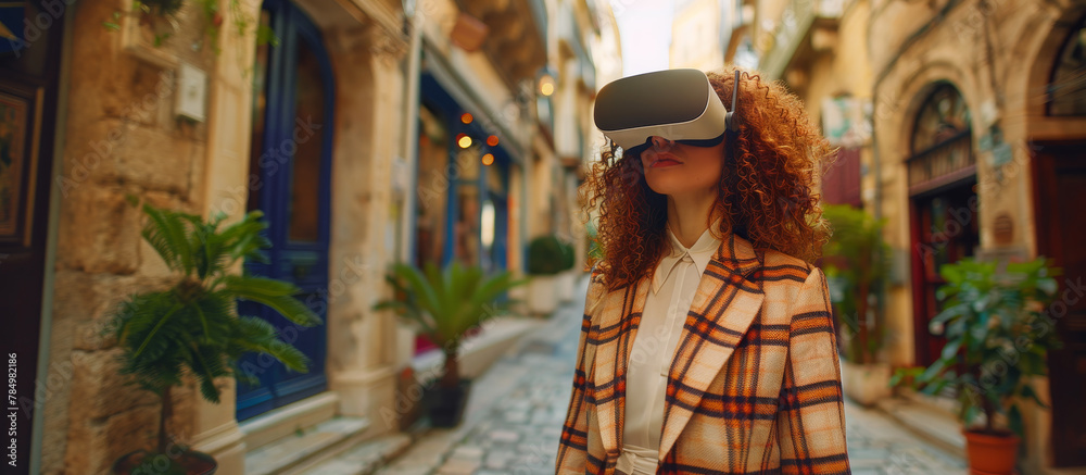 A woman in VR headset standing on a city street, blending reality and virtual experience, Generative AI.