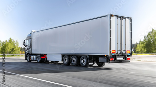 A truck with a white empty cargo space on a road, realistic style, concept of transportation. Generative AI