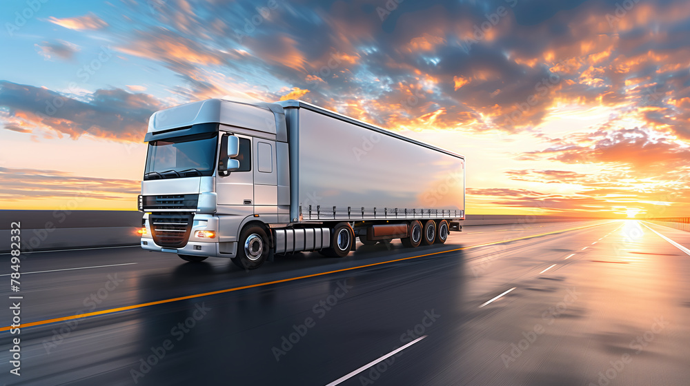 A truck driving on a highway at sunset, white cargo space for mockup, photographic style, vibrant sky background, concept of transportation. Generative AI