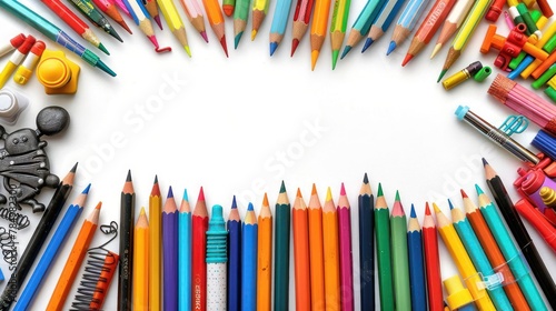 white background is covered with a rainbow of colored pencils
