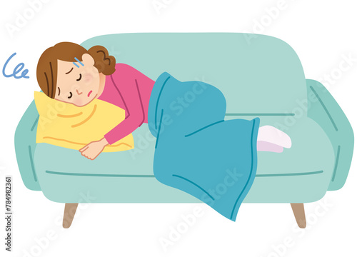 しんどそうにソファーに横たわる女性 体調不良