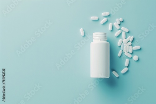 Medicine bottle and scattered pills on a light blue background with copy space, top view
