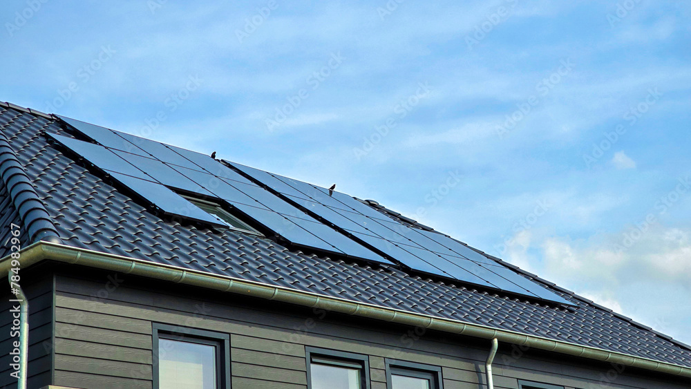 Fototapeta premium Newly build houses with solar panels attached on the roof against a sunny sky