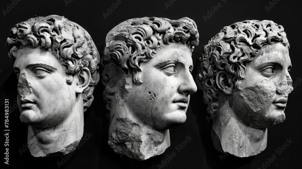 Obraz premium Ancient classical marble gypsum stoic, roman, greek bust, busts head sculpture against a colored background representing historical figures 
