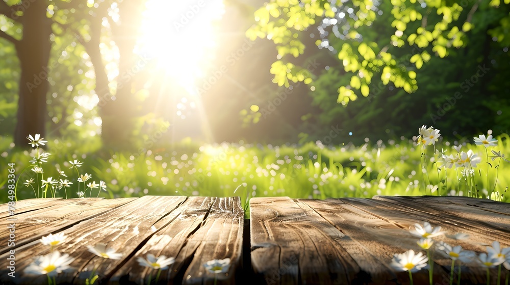 Wooden tabletop with sunlight filtering through trees in a serene forest. Inspiring summer backdrop for product display. Nature-themed design element. AI