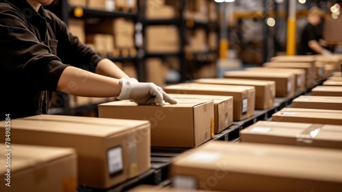 A man is packing hardwood boxes in a warehouse for an event publication. He carefully stacks the wood, making sure each box is solid. AIG41