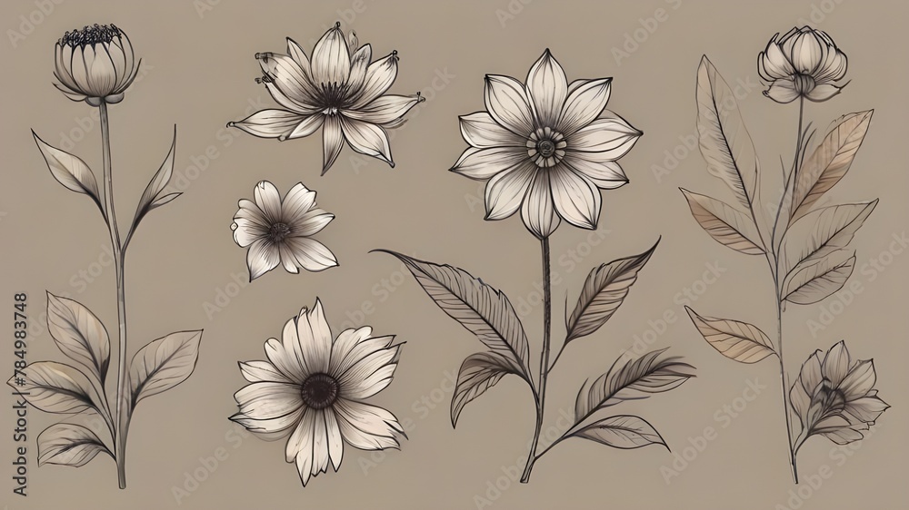 black and white flowers flower elements vector illustration, contemporary little tattoo design, and simple botanical graphic sketch drawing   
