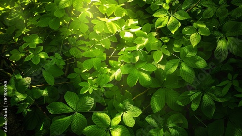 Green Leaves: A photo of sunlight streaming through a canopy of green leaves in a forest