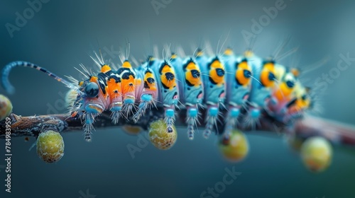 Insects and Bugs: A macro close-up photo of a caterpillar crawling on a branch