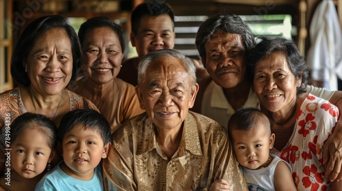 An intergenerational family portrait that celebrates the richness of heritage, with members from the elderly to infants, each face telling a story of tradition and change. © Sasint