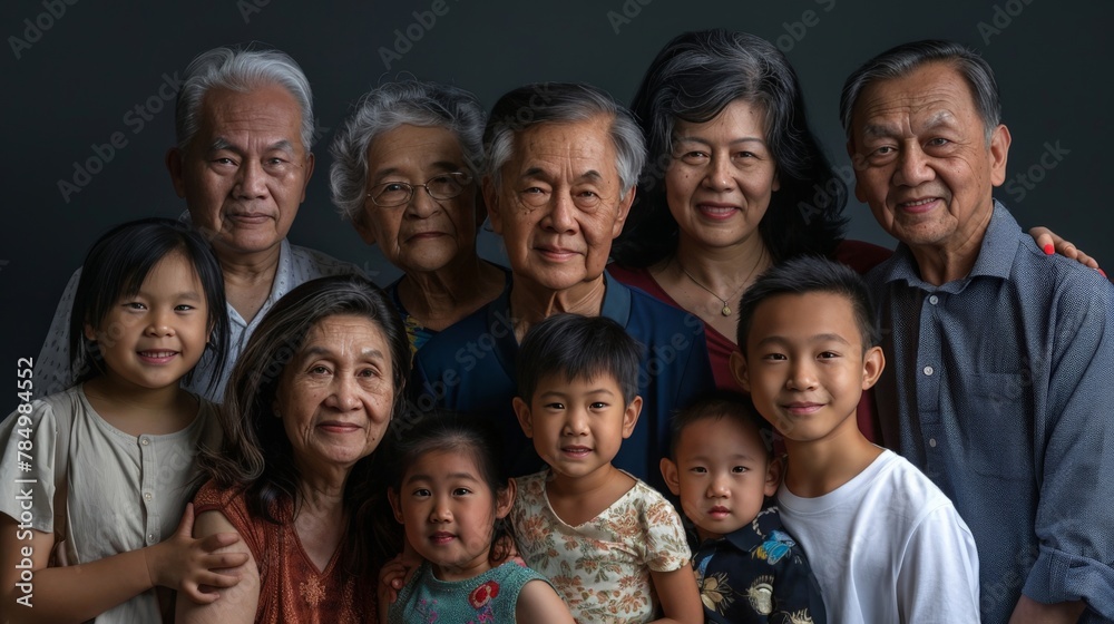 Obraz premium An intergenerational family portrait that celebrates the richness of heritage, with members from the elderly to infants, each face telling a story of tradition and change.