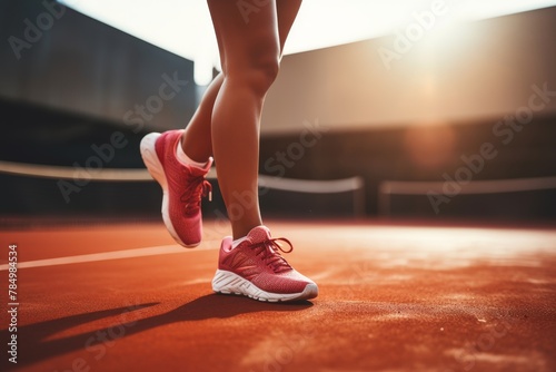 Close-up of female tennis players legs on a beautiful outdoor tennis court during a sporty match © Aleksandr