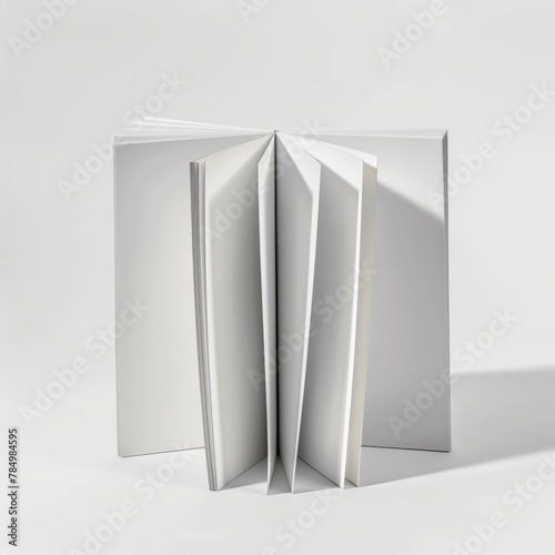 An open, blank white book stands upright on a white surface, fanned pages revealing the concept of open knowledge.