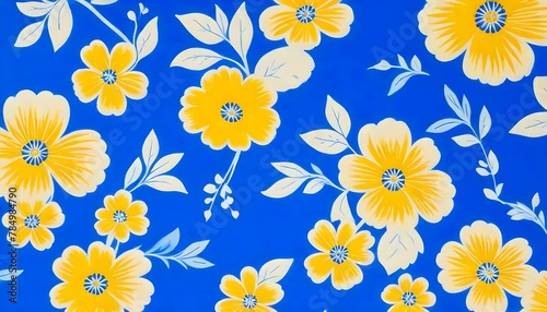 Close-up-of-blue-and-yellow-floral-print-wallpaper