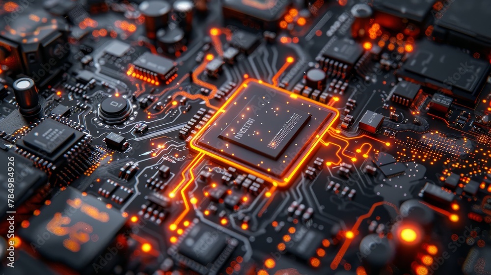 Technology Close-up: A photo showing the intricate circuitry and connections of a high-end graphics card Technology Close-up: A photo showing the intricate circuitry and connections of a high-end graphics card