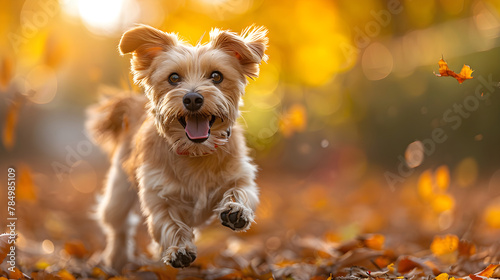 Happy dog running in autumn park