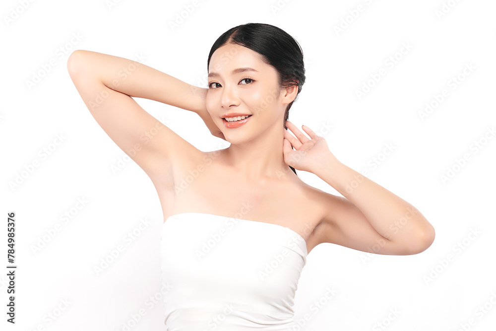 Beautiful Young Asian woman lifting hands up to show off clean and hygienic armpits or underarms on white background, Smooth armpit cleanliness and protection concept Beautiful Young Asian woman lifting hands up to show off clean and hygienic armpits or underarms on white background, Smooth armpit cleanliness and protection concept