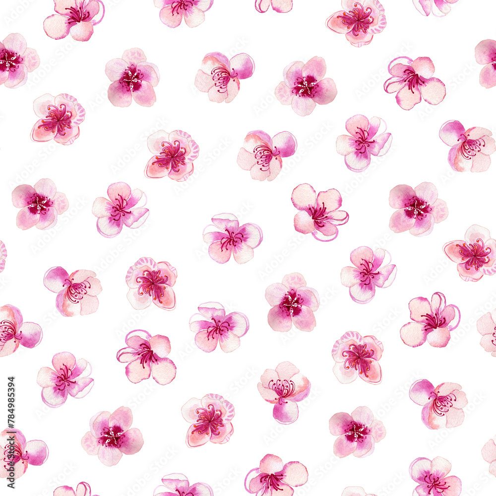 Delicate pink flowers of spring blooming tree seamless watercolor pattern. Hand drawn peach and cherry buds for fabric and wallpaper. Endless sakura background.