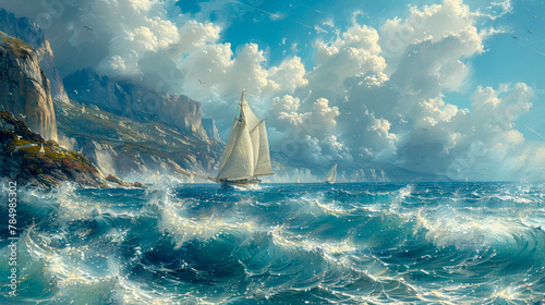 A sailing ship struggles with the waves of the sea photo