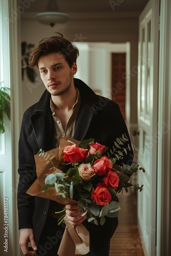 person with roseslove, flower, flowers, bouquet, rose, gift, romance, romantic, person, boy, holding, suit, people, handsome, valentine, groom, happiness, smiling, men, business, smile, celebration, o photo