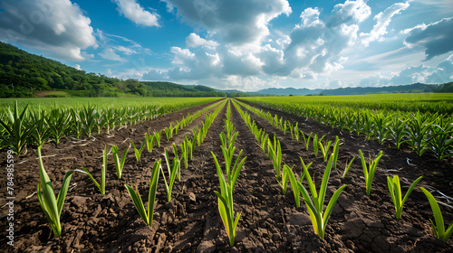 Cultivated sugarcane field, earth day concept, plant in the ground, green world.