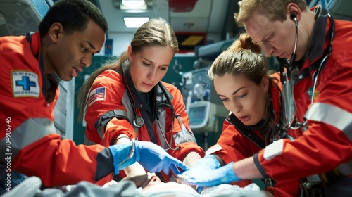 An intense moment in an emergency room, where a team of doctors and nurses work together to save a life, capturing the high stakes and teamwork of medical professionals.