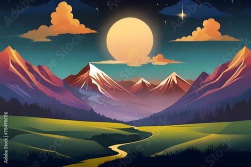 Fantasy landscape with mountains and a flying angel. Vector illustration. Generative AI