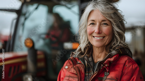 Portrait of a middle aged farmer woman smiling in front of her tractor.