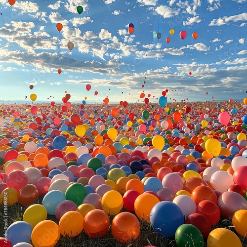A field of balloons with a few breaking free into the sky.